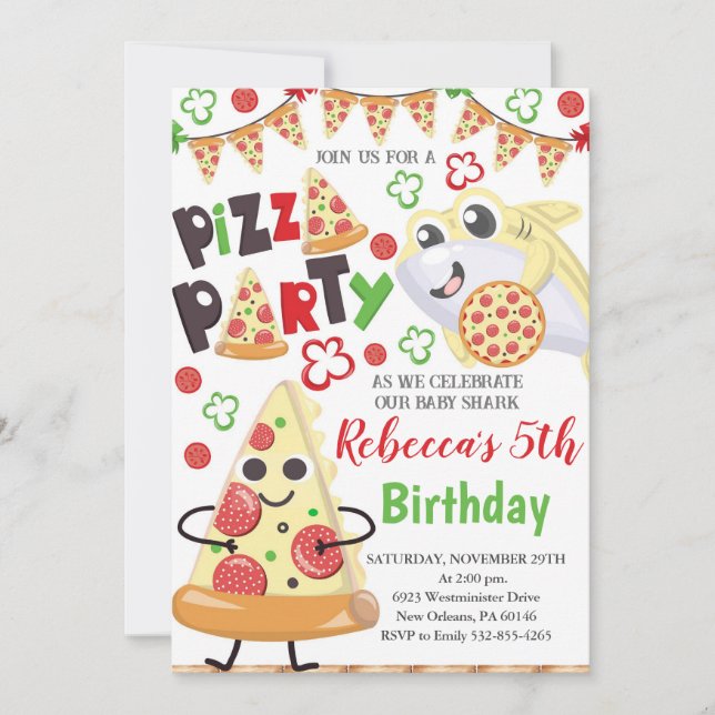 Pizza and Shark Birthday Invitation, Slice of Fun Invitation (Front)