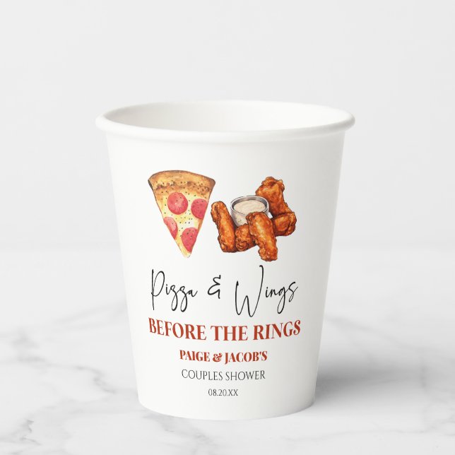 Pizza and Wings Before The Rings Couples Shower Paper Cups (Front)