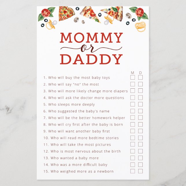 Pizza Baby Shower Game – Mommy or Daddy Guessing G (Front)