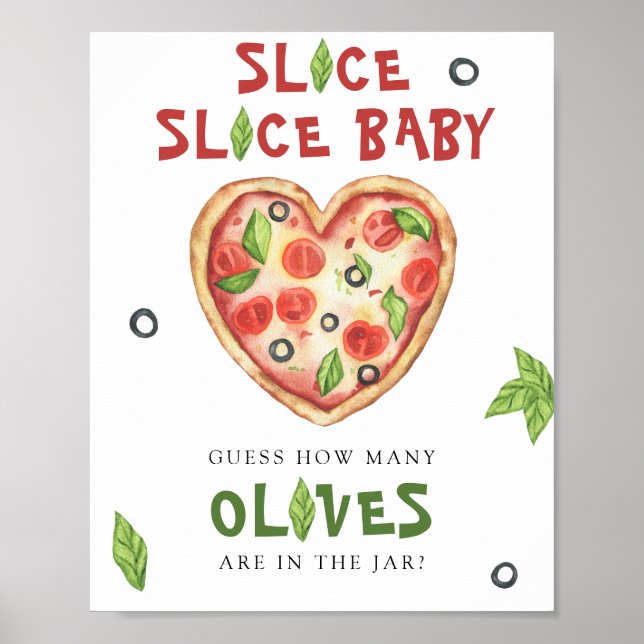 Pizza baby shower - guess how many olives poster (Front)