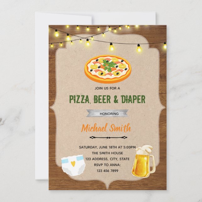 Pizza bière couche douche invitation (Devant)