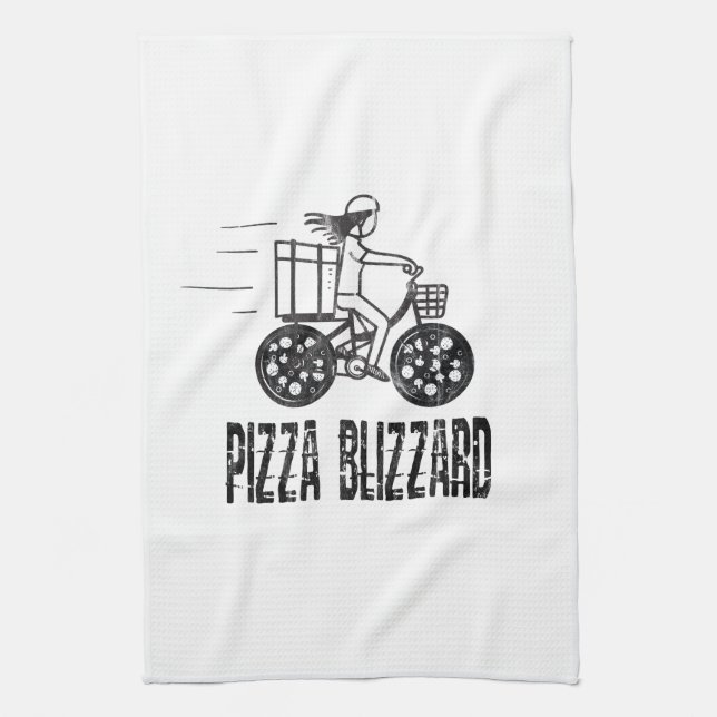 Pizza Blizzard Bike Courier Driver Kitchen Towel (Vertical)