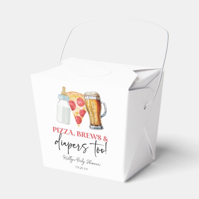 Pizza Brews and Diapers Too! Baby Shower Favor Box (Front Side)
