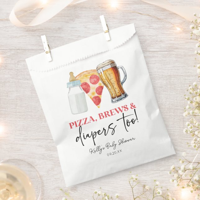 Pizza Brews and Diapers Too! Baby Shower Favour Bag (Clipped)