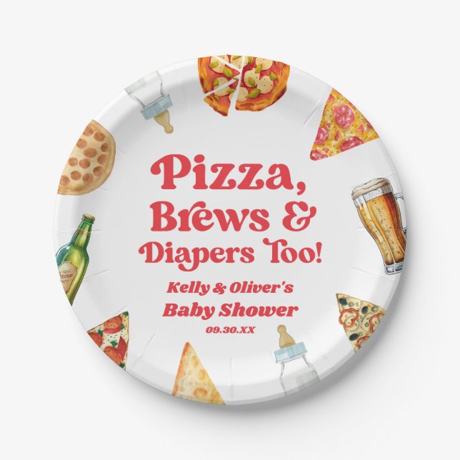 Pizza Brews and Diapers Too Pizza Beer Baby Shower Paper Plate (Front)