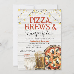 Pizza, Brews & Diapers too, Baby Shower White Wood Invitation