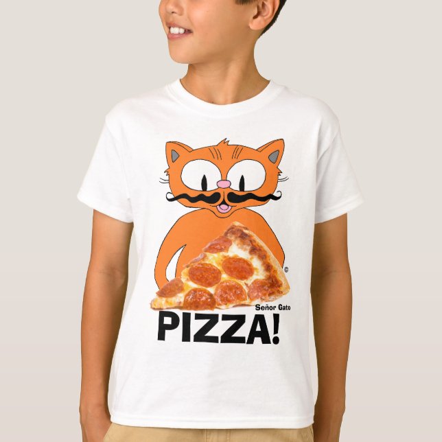 PIZZA! Cartoon Moustache Cat with Pizza Slice T-Shirt (Front)