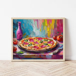 Pizza Colourful Modern Abstract Art Poster<br><div class="desc">A fun and playful modern painting of a pizza, featuring textured abstract brushstrokes in bright colours such as pink, yellow, and blue. The bold colours and lively brushwork give the pizza a whimsical, energetic vibe, blending food imagery with a creative, contemporary art style. This quirky piece brings together pop culture...</div>