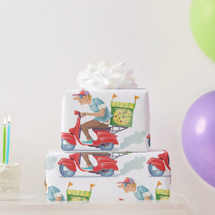 Pizza Delivery Guy on Red Scooter Wrapping Paper