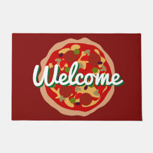 Pizza door mat with custom welcome text