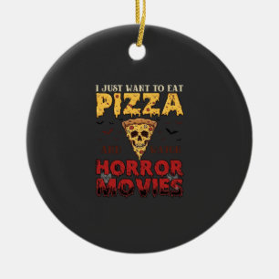 Pizza Horror Movies Halloween Skull Bats Spiderweb Ceramic Ornament