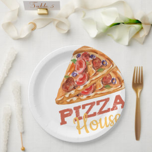 Pizza House Watercolor Slice Logo Art Paper Plate
