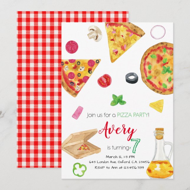 Pizza Invitation, Pizza Invite, Pizza Birthday Invitation (Front/Back)