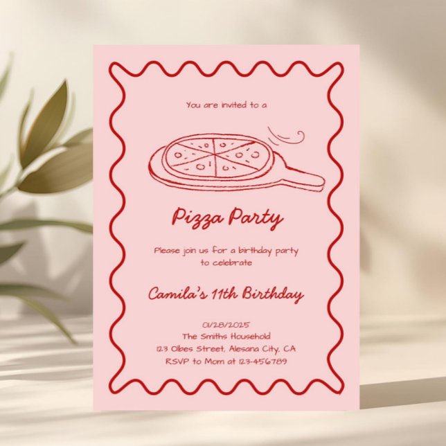 Pizza Levé À La Main Invitation Anniversaire Whims (Hand Drawn Pizza Birthday Invitation Whimsical)
