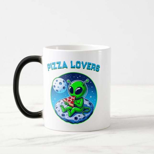 Pizza-Loving Alien on the Moon | Fun Cosmic Magic Mug (Left)