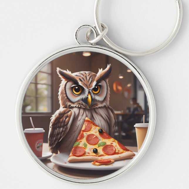 Pizza-Loving Owl in Cafe Keychain (Front)