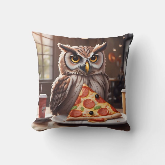 Pizza-Loving Owl in Cafe Throw Pillow (Front)