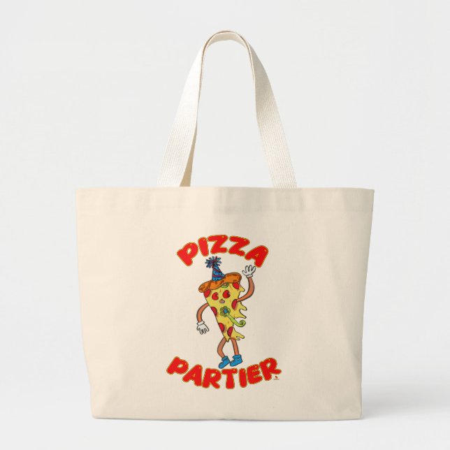 Pizza Partier Funny Cartoon Slice Logo Fun Large Tote Bag (Front)