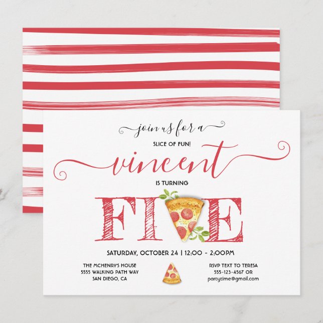 Pizza Party 5TH Birthday Modern Invitation (Front/Back)