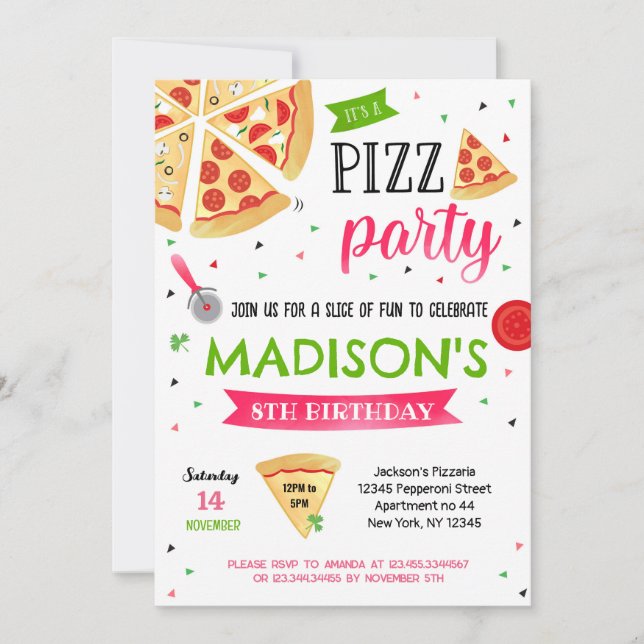 Pizza Party Anniversaire Invitations pour fille (Devant)