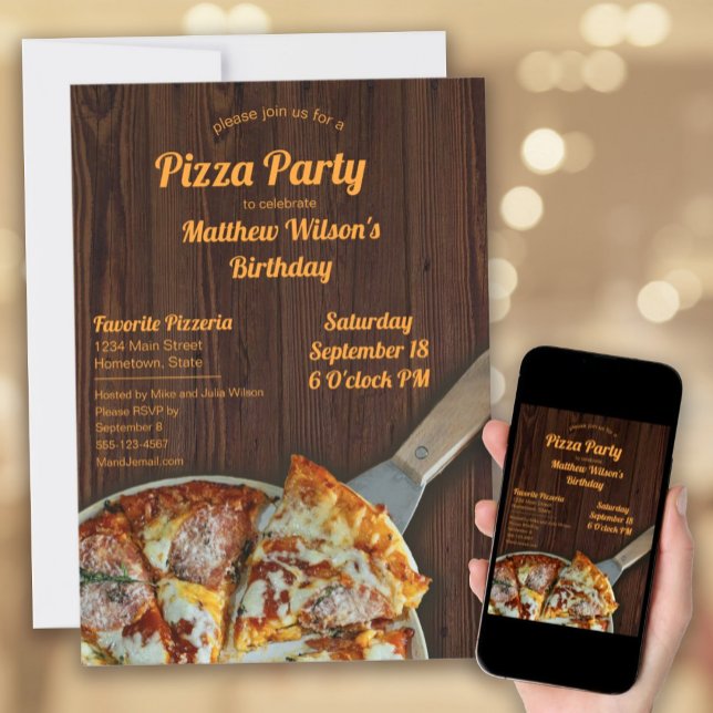 Pizza Party Anniversaire Rustic Wood Invitation (Pizza Party Birthday Invitations with a rustic wood background for a child, teen, or adult birthday.)