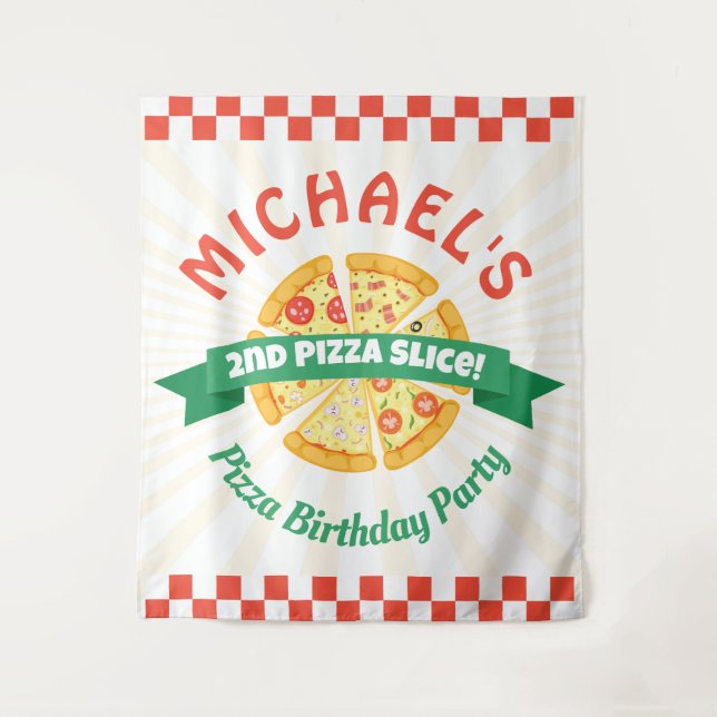 Pizza Party Birthday Backdrop Sign Tapestry (Front)