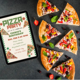 Pizza Party Birthday Red Green  Invitation