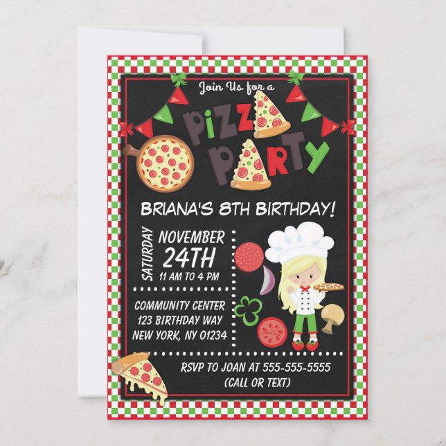 Pizza Party Blonde Girl Kids Birthday Party Invitation (Front)