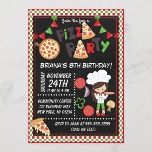 Pizza Party Brown Hair Girl Kids Birthday Party Invitation