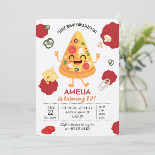 Pizza Party Kawaii Birthday Invitation 