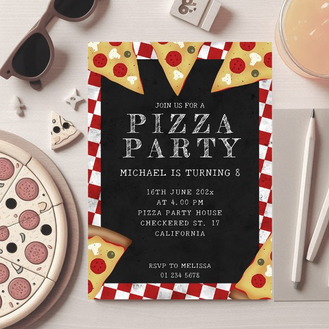 Pizza party kids birthday chequered retro pattern invitation (Creator Uploaded)