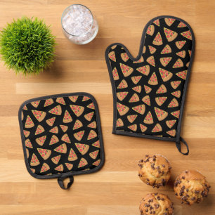 Pizza Party Pattern Black Oven Mitt & Pot Holder Set
