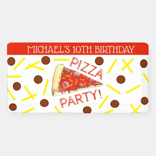 PIZZA PARTY! Pepperoni Cheese Pie Slice Birthday Banner (Horizontal)