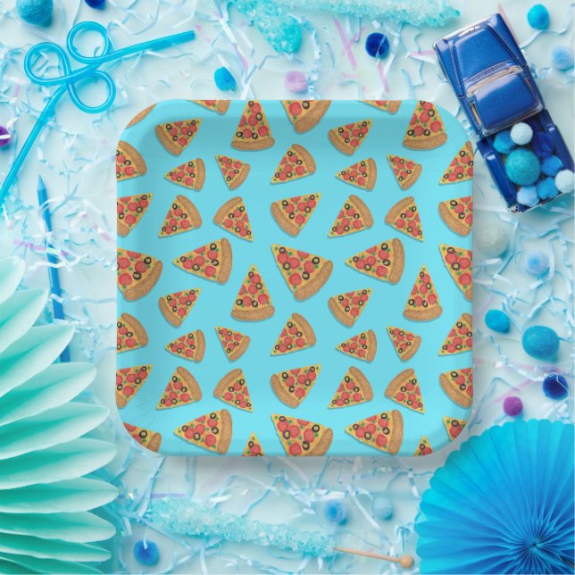 Pizza Party Pepperoni Novelty Blue Paper Plates (Party)