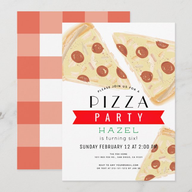 Pizza Party Red Gingham Birthday Invitation (Front/Back)