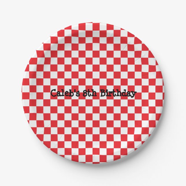 Pizza Party Red White Check Birthday Party Plates (Front)