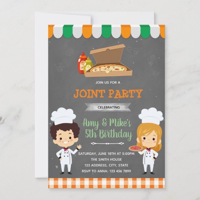Pizza party sibling party invitation (Front)