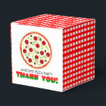 Pizza Party Thank You Favour Box<br><div class="desc">Our Pizza Party Thank You favour box will make everyone hungry for a pizza pie! The design features the words "Thank You!" in red and green alongside a red and white chequered tablecloth and a large supreme pizza.</div>
