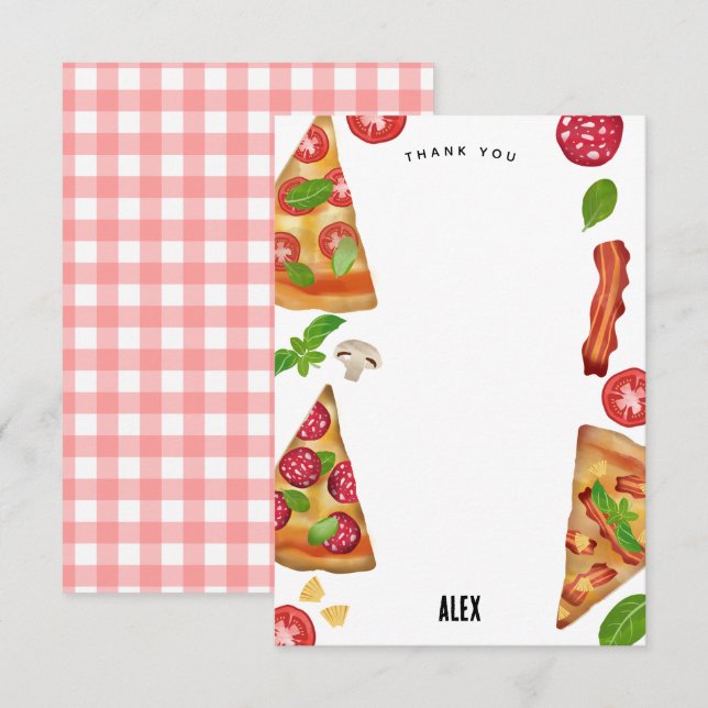 Pizza Party Theme Watercolor Birthday Kids Thank You Card (Front/Back)