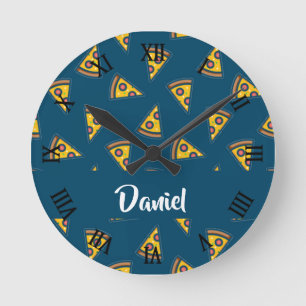 Pizza pattern on blue round clock