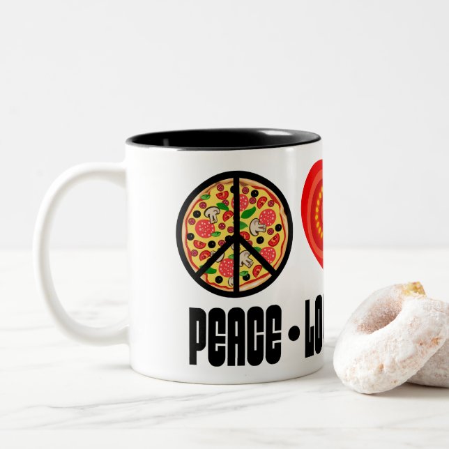 Pizza Peace Sign Tomato Heart and Basil Leaves Two-Tone Coffee Mug (With Donut)