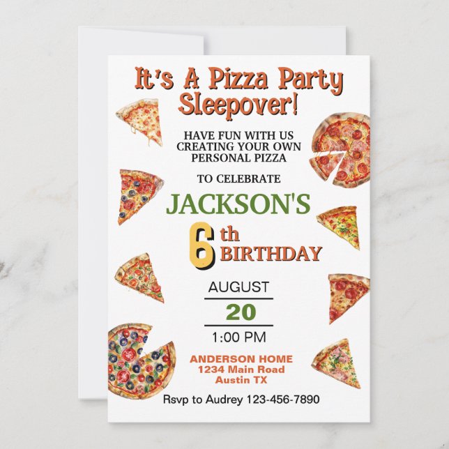 Pizza Pie Slice Sleepover Any Age Birthday Party I Invitation (Front)