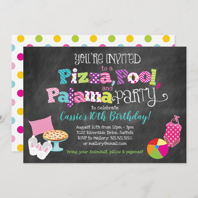 Pizza, Pool and Pajama Party Invitation (Front/Back)