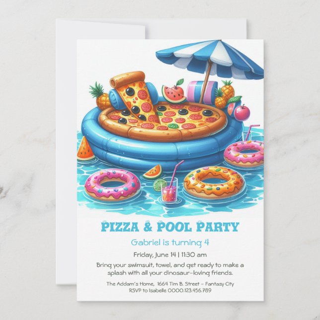 Pizza & Pool Birthday Party – Fun Cartoon design Invitation (Front)