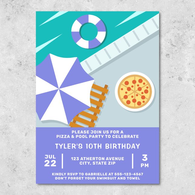 Pizza Pool Party Swimming Pool Blue Modern Invitation (Pizza pool party invitation)