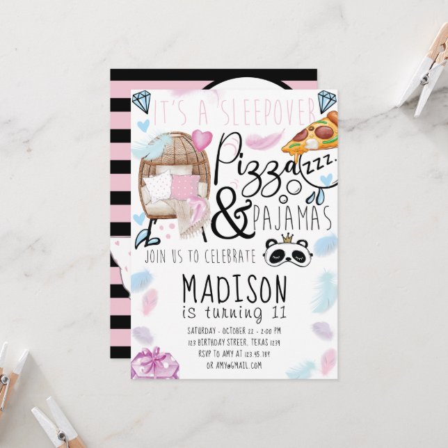 Pizza & Pyjamas Sleepover Birthday Party Invitation (Front/Back In Situ)