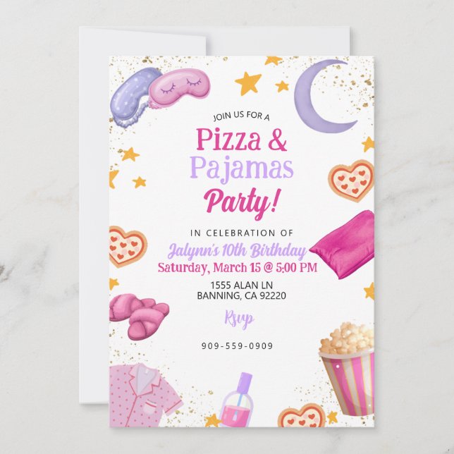 Pizza & Pyjamas Teen Girl Tween Girl Slumber Party Invitation (Front)