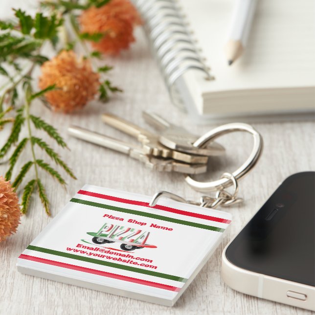 Pizza service,red green ,personalized  keychain (Front Right)