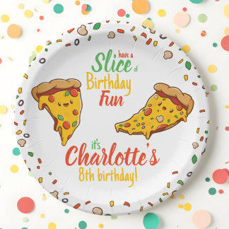 Pizza, Slice of Birthday fun, kawaii Paper Plate