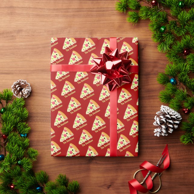 Pizza Slice with Family Name on Red Wrapping Paper (Holiday Gift)